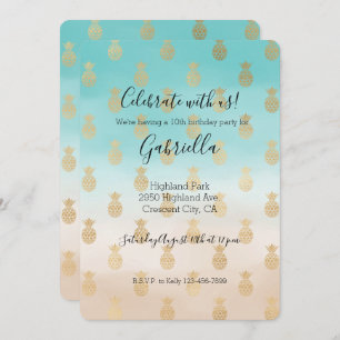 Peach Cream Aqua Ombre Gold Pineapples Invitation