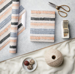 Peach Cream Black Blue Stripes Birthday Wrapping Paper