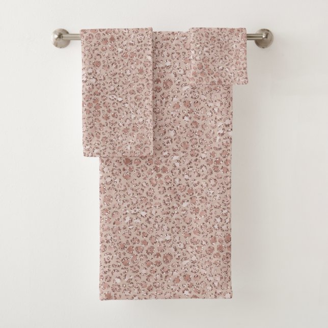 Peach Cream Blush Leopard Print Glitter      Bath Towel Set (Insitu)