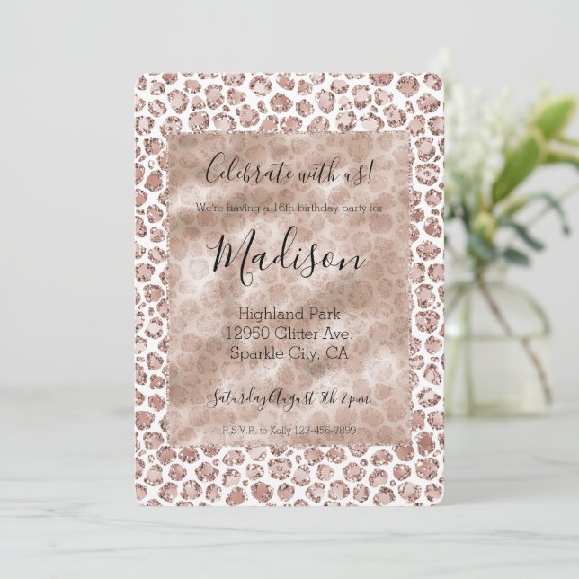 Peach Cream Blush Leopard Print Glitter       Invitation (Standing Front)