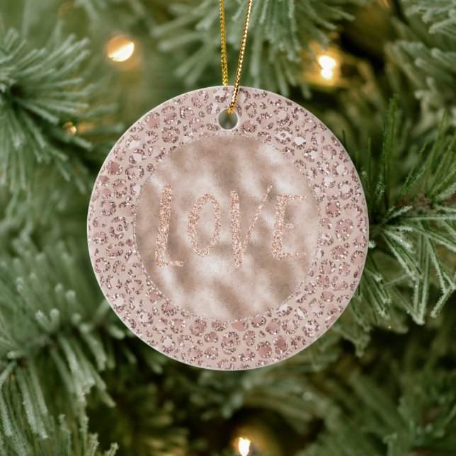Peach Cream Blush Leopard Print Glitter Love    Ceramic Ornament (Tree)