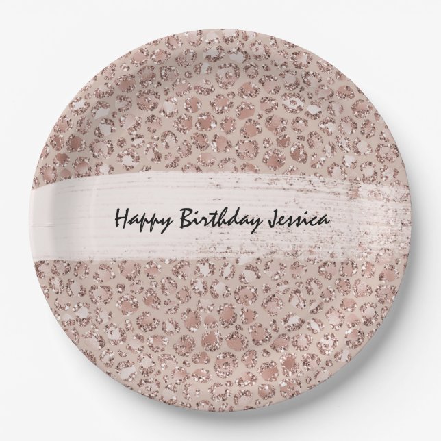 Peach Cream Blush Leopard Print Glitter      Paper Plates (Front)