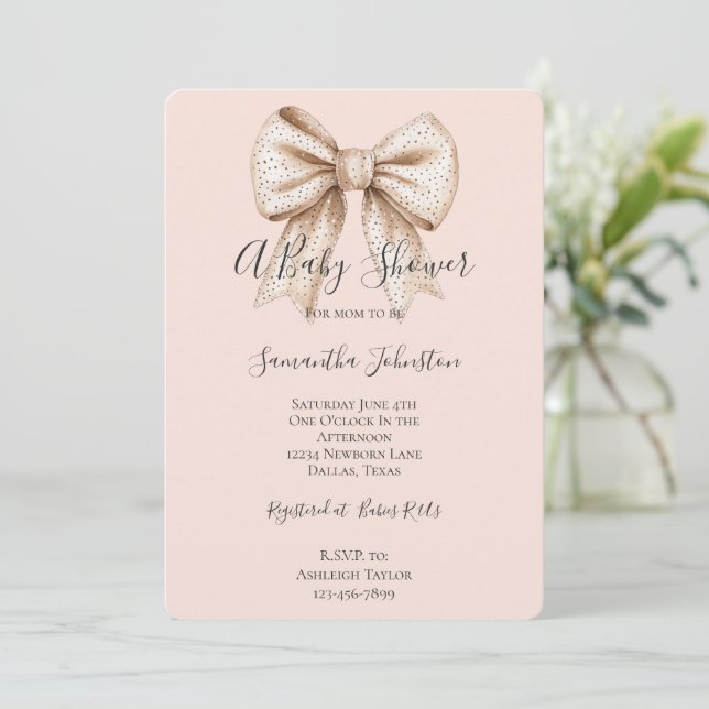 Peach Cream Bow Baby Shower Invitation (Standing Front)