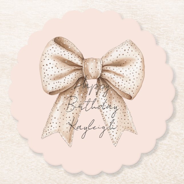 Peach Cream Bow Birthday Paper Coaster (Front)
