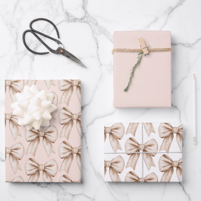 Peach Cream Bow Birthday Wrapping Paper Sheets (Front)