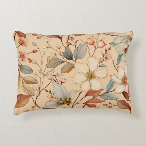 Peach Cream Cottagecore Watercolor Floral Accent Pillow