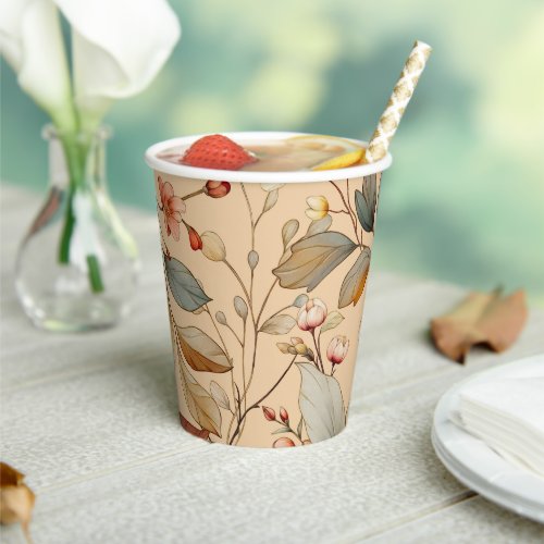 Peach Cream Cottagecore Watercolor Floral Paper Cups