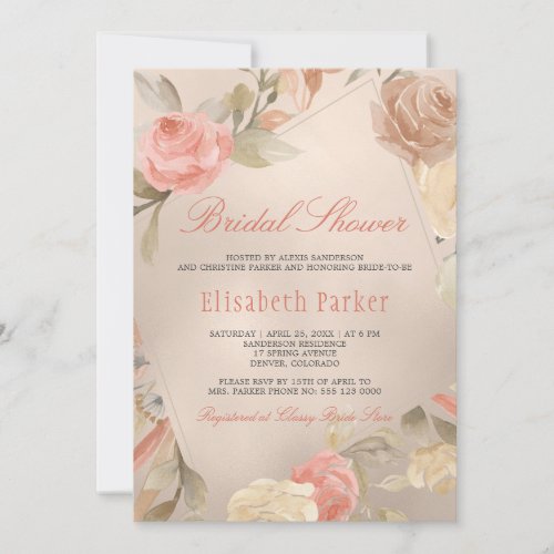 Peach Cream  Faux Gold Foil Floral Bridal Shower Invitation