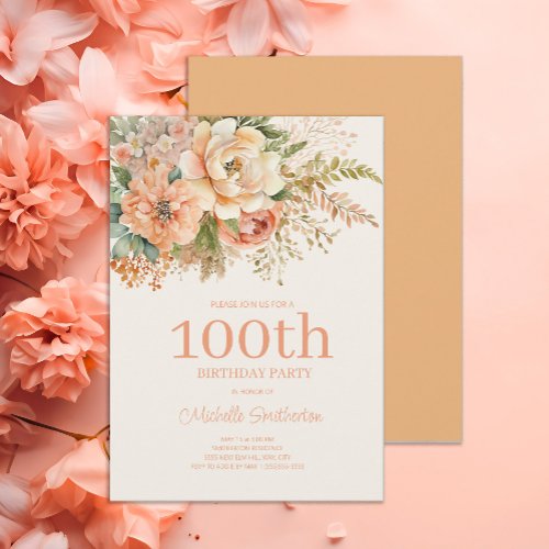Peach Cream Floral 100th Birthday Invitation