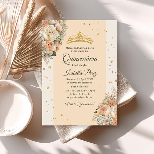 Peach Cream Floral and Gold Tiara Quinceanera  Invitation