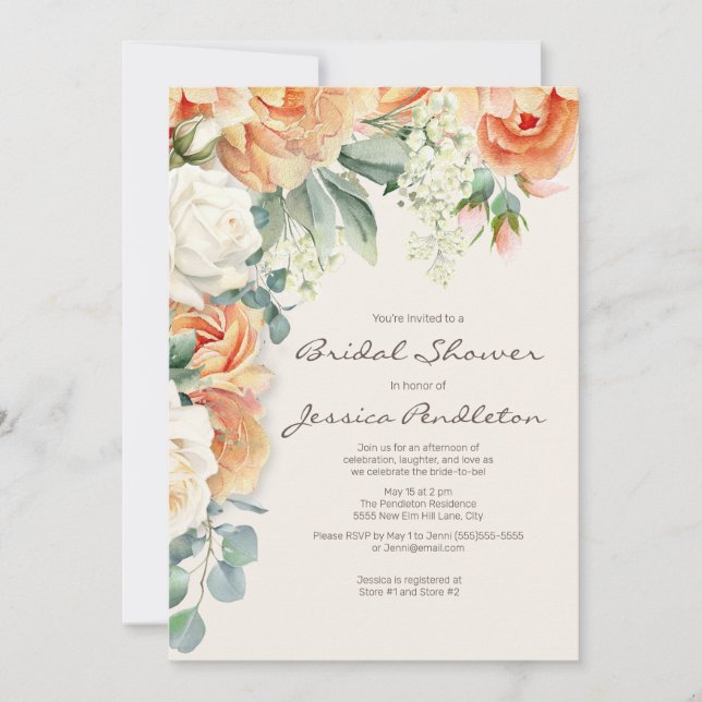 Peach Cream Floral Eucalyptus Bridal Showe Invitation (Front)