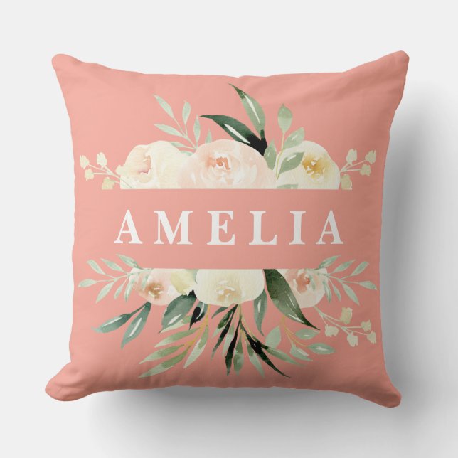 Peach cream green watercolor floral personalized throw pillow (Front)
