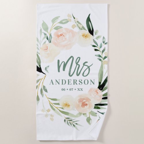 Peach cream green watercolor floral wedding beach towel