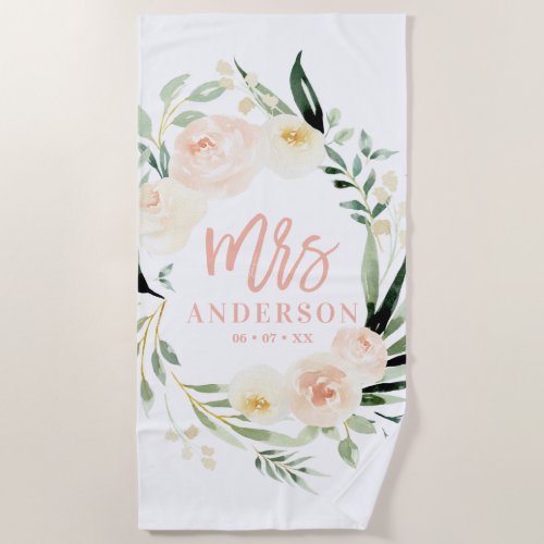 Peach cream green watercolor floral wedding beach towel