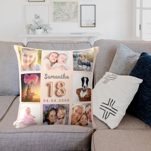 Peach cream photo collage 18th birthday throw pillow