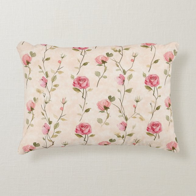 Peach Cream Pink Roses Floral Accent Pillow (Front)