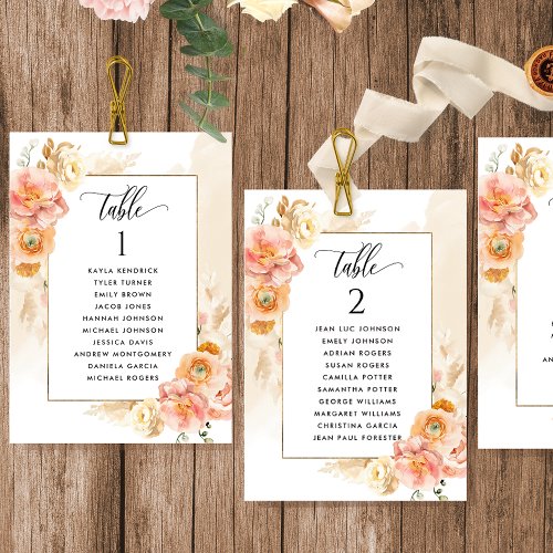 Peach Cream Seating Plan Cards with Guest Names