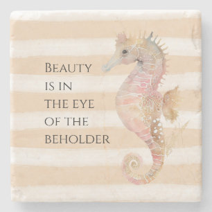 Peach Cream Watercolor Beach Stripes Gold Seahorse Stone Coaster