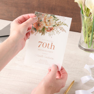 Peach Cream Watercolor Floral 70th Birthday Vellum Invitations
