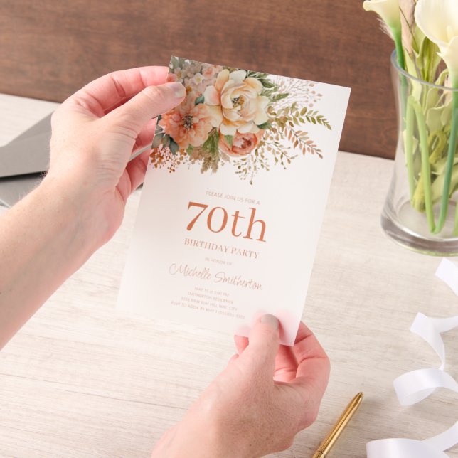 Peach Cream Watercolor Floral 70th Birthday Vellum Invitations (Handheld)