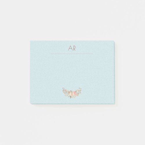 Peach Cream Watercolor Floral Mint Blue Monogram Post_it Notes