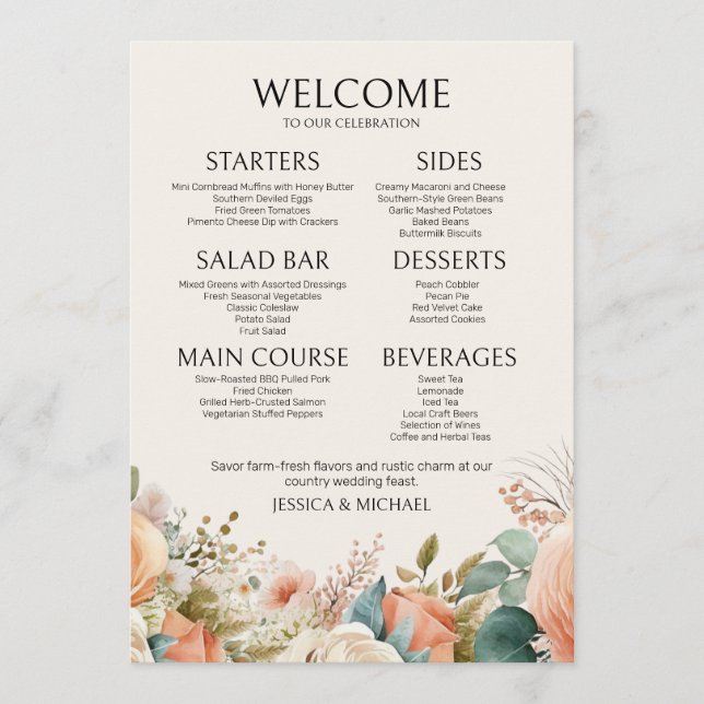 Peach Cream Watercolor Floral Wedding Menu (Front)