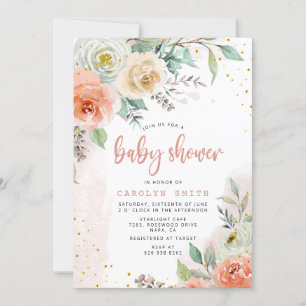 Peach Cream White Roses Floral Gold Baby Shower Invitation