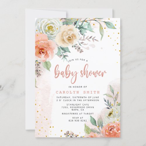 Peach Cream White Roses Floral Gold Baby Shower  Invitation