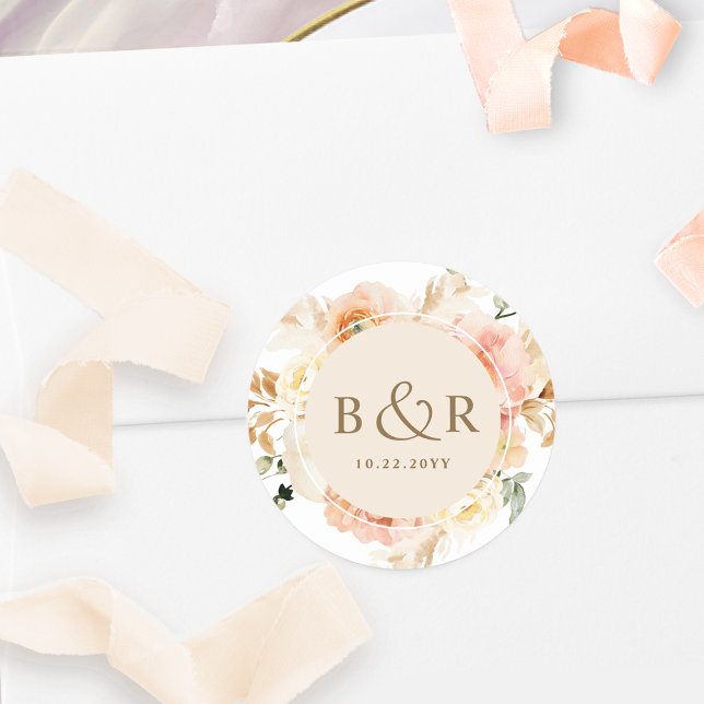 Peach Cream Yellow Floral Wedding Envelope / Favor Classic Round Sticker (Creator Uploaded)