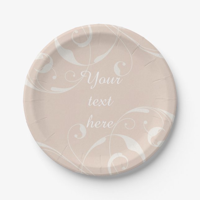 Peach & Creamy White Floral Swirl Elegant Wedding Paper Plates (Front)