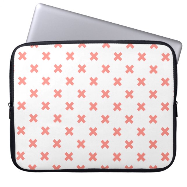 Peach cross stitches on white laptop sleeve (Front)