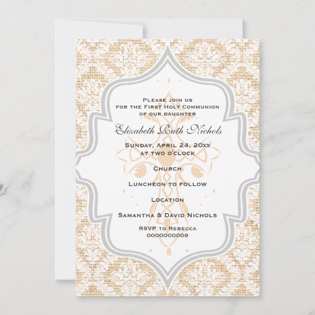 Peach Cross white damask burlap First Communion Invitation (Front)