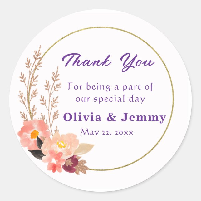 Peach Cute Wedding ThankYou Classic Round Sticker (Front)