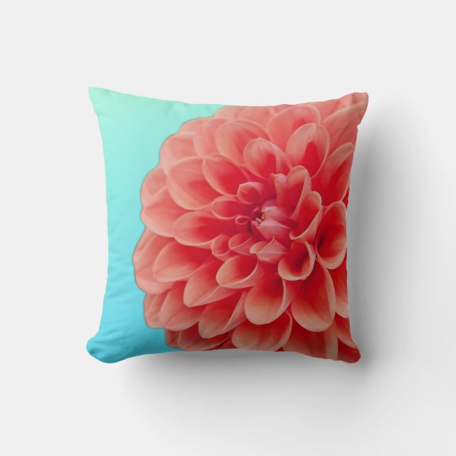 Peach Dahlia & Aqua Blue Throw Pillow (Front)
