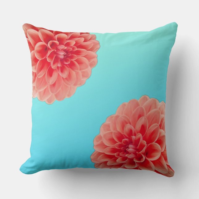 Peach Dahlia & Aqua Blue Throw Pillow (Front)