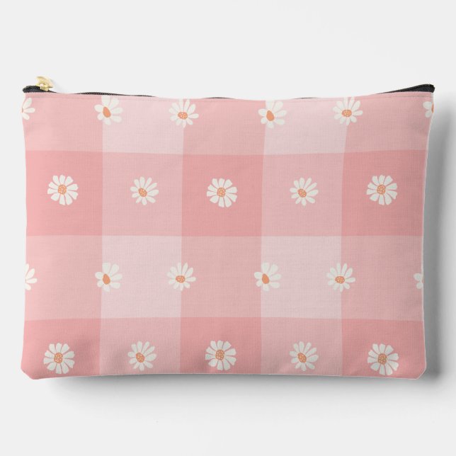 Peach Daisy Checkerboard Accessory Pouch (Front)