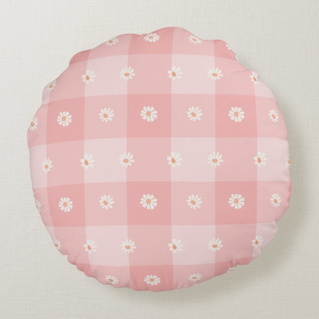 Peach Daisy Checkerboard Round Pillow (Back)