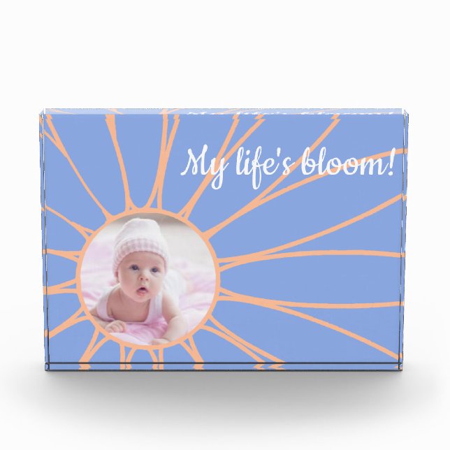 Peach Daisy Flower on Rock Blue, Baby Photo Block (Front)