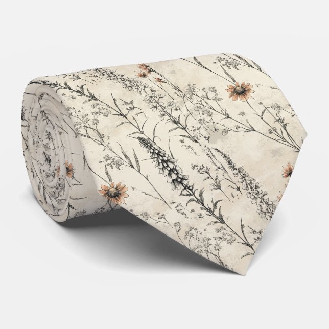 Peach Daisy Garden Wildflower Wedding Neck Tie (Rolled)