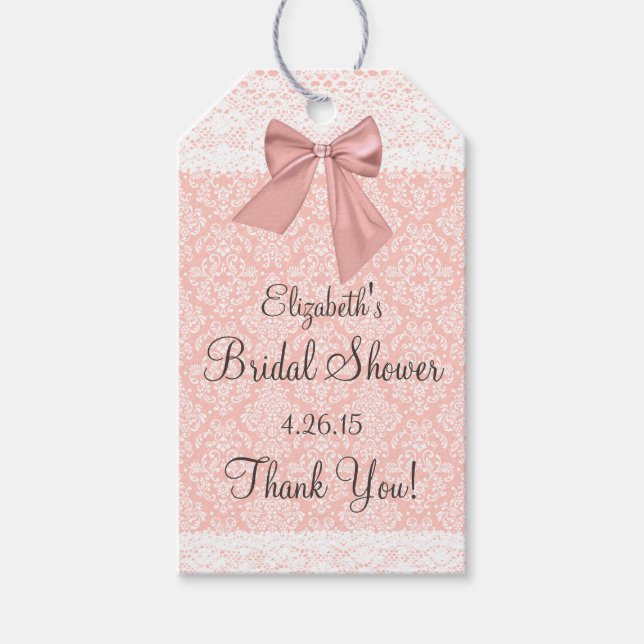 Peach Damask Bridal Shower Guest Favor Thank You Gift Tags (Front)