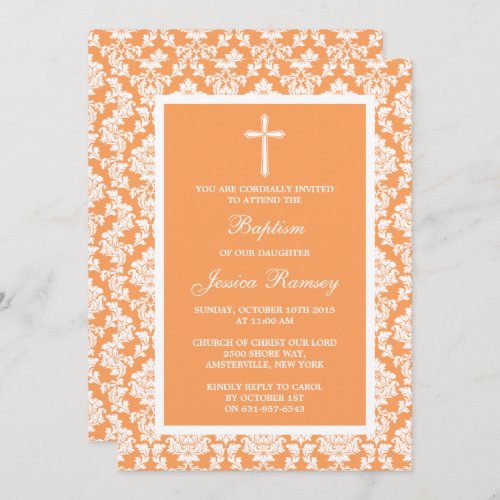 Peach Damask Cross Baptism Or Christening Invitation