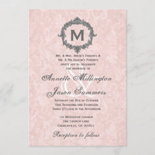 Peach Damask Gray Vintage Frame Monogram Wedding Invitation