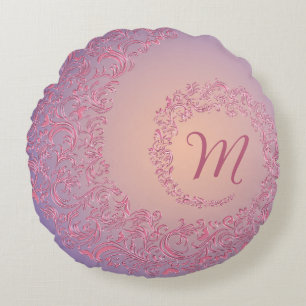 Peach Damask Monogram Round Pillow