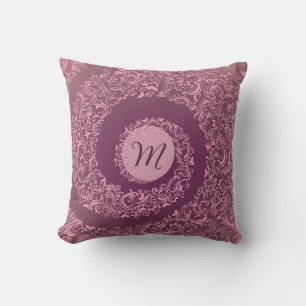 Peach Damask Monogram Throw Pillow