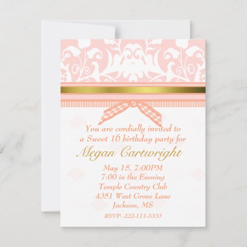 Peach Damask Sweet sixteen Birthday Invitation