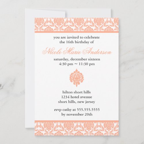 Peach Damask Sweet Sixteen Invitations