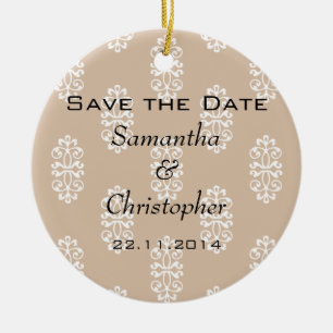 Peach Damask Wedding Save the Date Ceramic Ornament