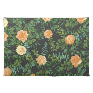 Peach Dark Grey Wedding Roses Floral Cloth Placemat