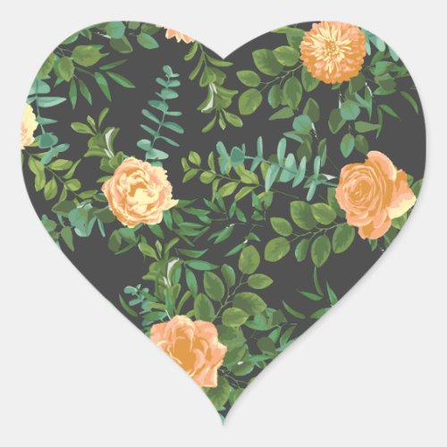 Peach Dark Grey Wedding Roses Floral Heart Sticker