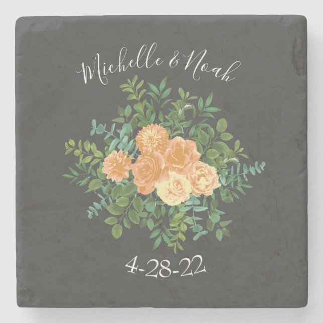 Peach Dark Grey Wedding Roses Floral Stone Coaster (Front)